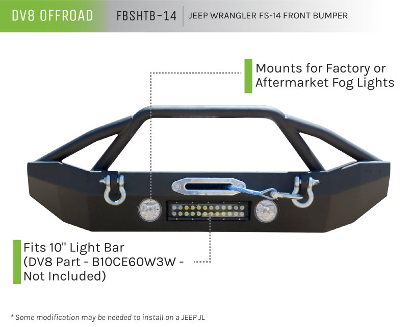 DV8 Offroad 07-18 Jeep Wrangler JK/JL FS-14 Mid Length Steel Front Bumper w/ Fog Lights & LED Lights
