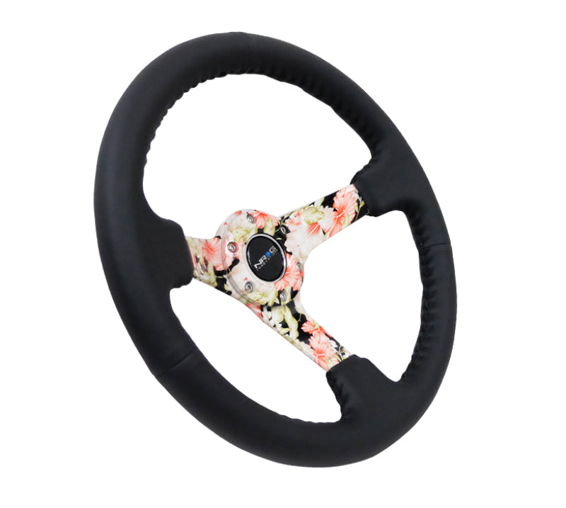 NRG Reinforced Steering Wheel (350mm / 3in. Deep) Blk Leather Floral Dipped w/ Blk Baseball Stitch