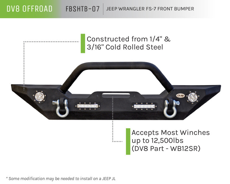 DV8 Offroad 07-18 Jeep Wrangler JK/JL FS-7 Mid Length Steel Front Bumper w/ LED Lights