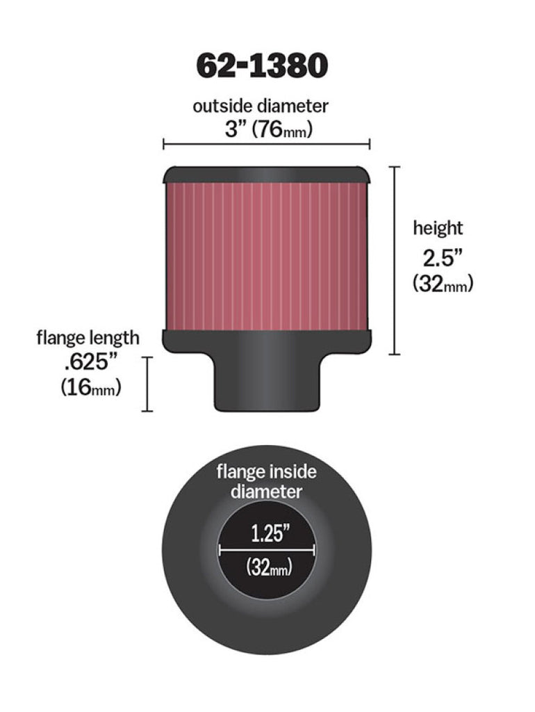 K&N 1.25in Flange ID x 3in OD x 2.5 inch H Rubber Base Crankcase Vent Filter