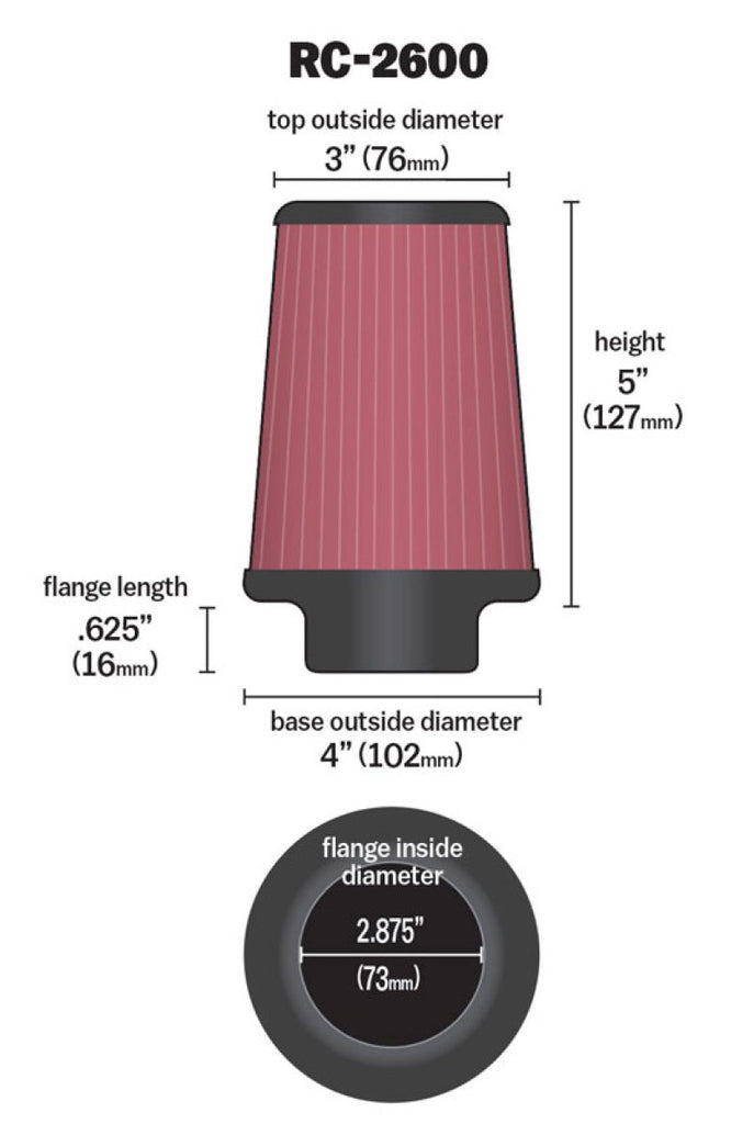 K&N Universal Chrome Filter .625in Flange L x 4in Base OD x 3in Top OD x 5in H