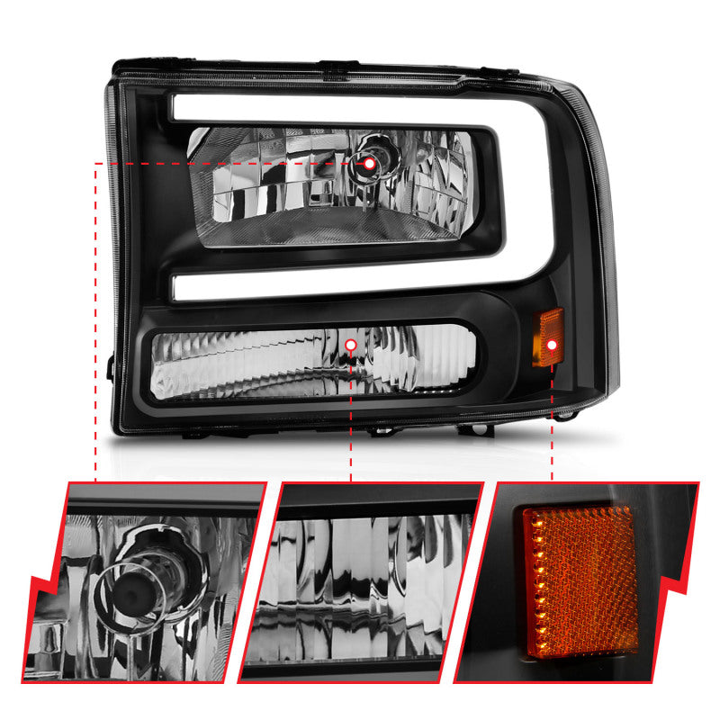 ANZO 99-04 Ford F250/F350/F450/Excursion (excl. 99) Crystal Headlights - w/ Light Bar Black Housing
