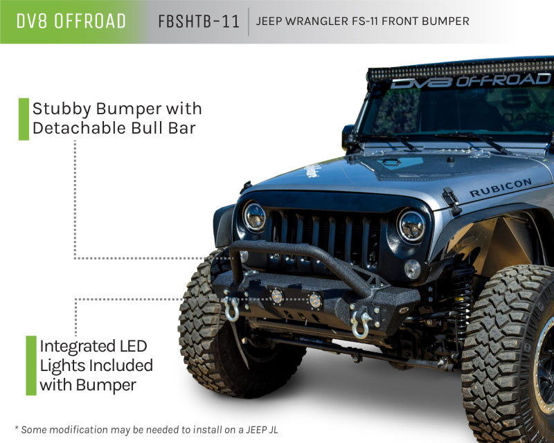 DV8 Offroad 07-18 Jeep Wrangler JK/JL FS-11 Stubby Mid Length Steel Front Bumper w/ Winch Plate