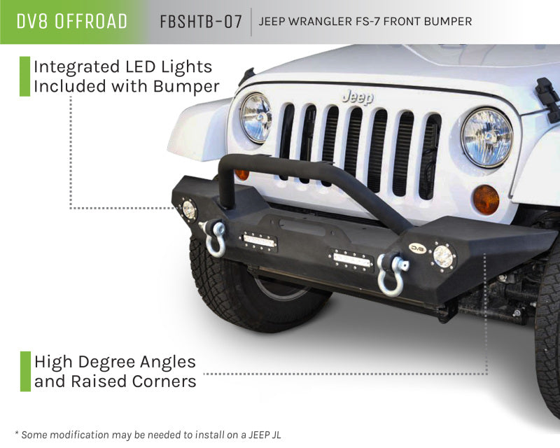 DV8 Offroad 07-18 Jeep Wrangler JK/JL FS-7 Mid Length Steel Front Bumper w/ LED Lights